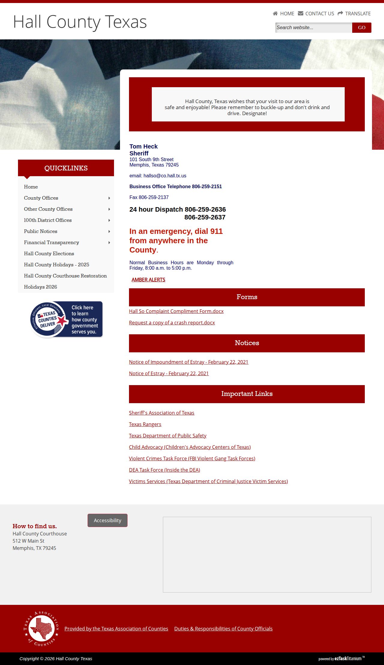 Hall County Texas sheriff contact page without a 24-hour release list