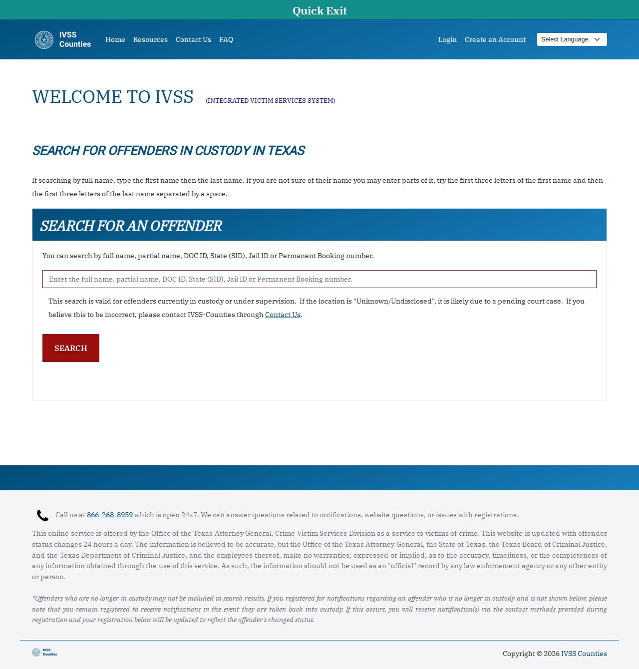 Texas IVSS Counties portal for Hall County inmate checks