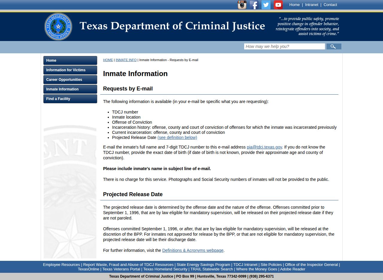 TDCJ Projected Release Date definition and email request information