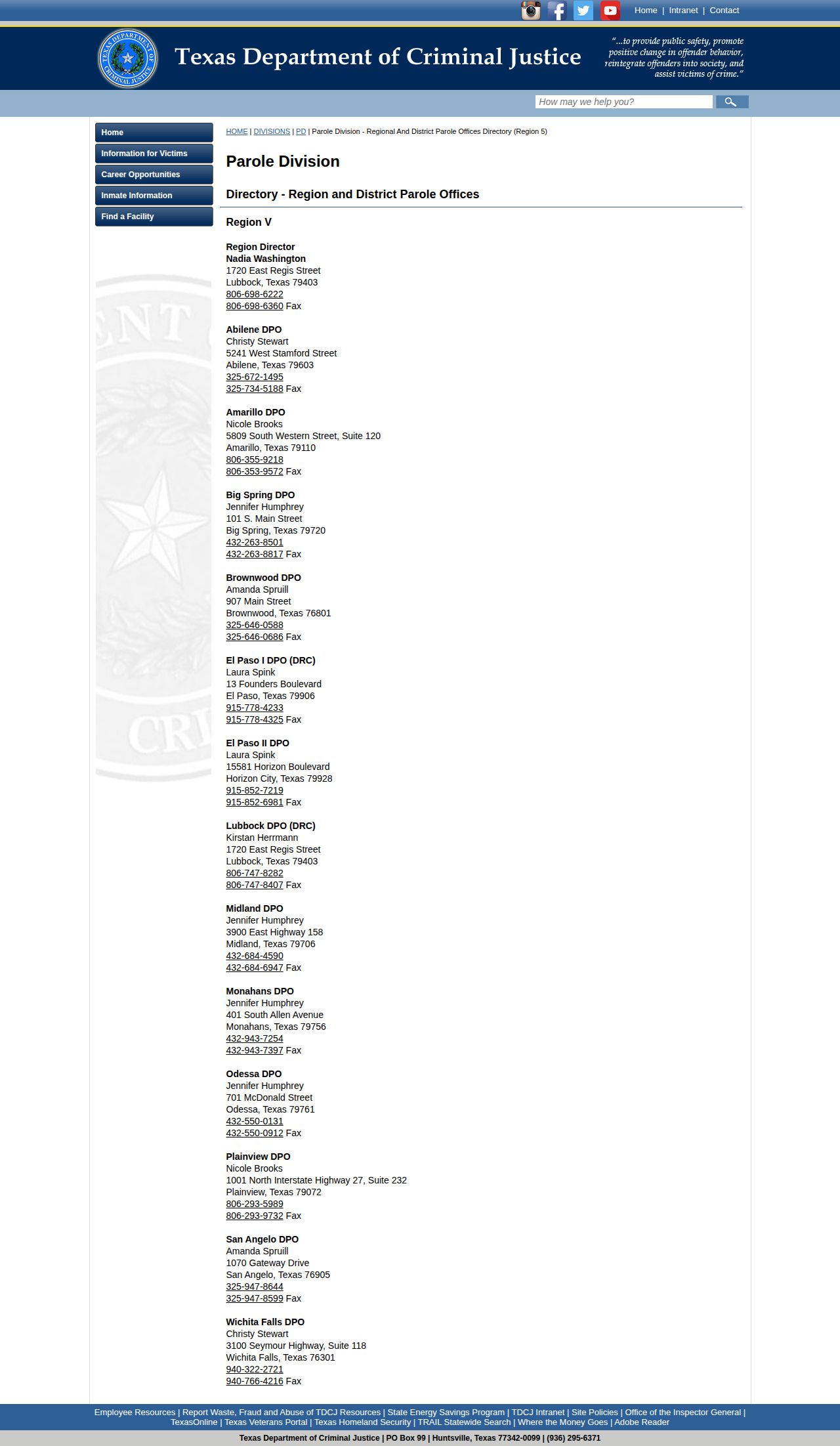 TDCJ Plainview District Parole Office contact listing for Hall County
