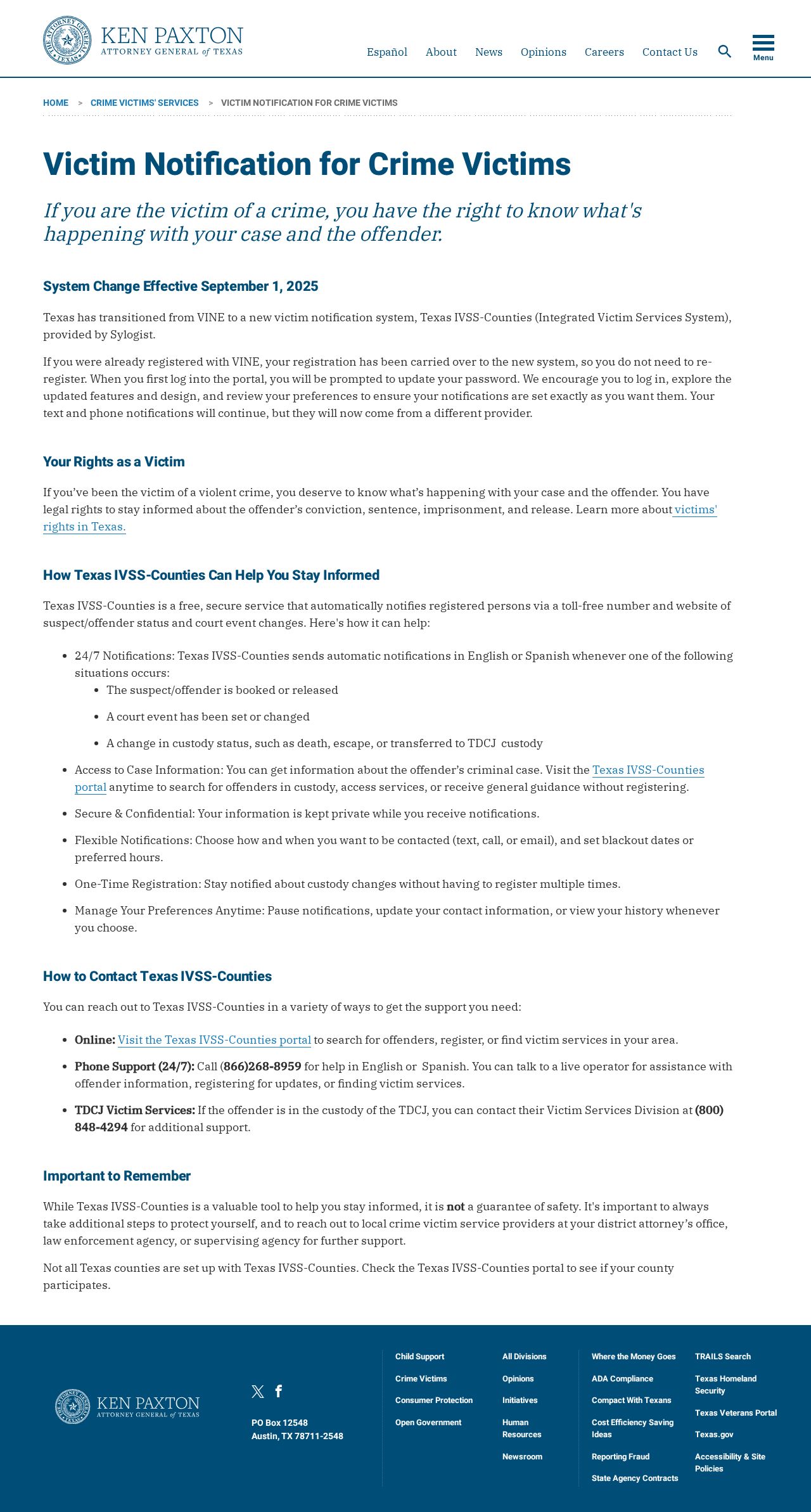 Texas VINE to IVSS change for Hall County release notifications